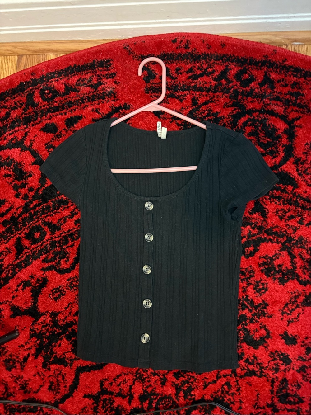 Black Ribbed Button-Down Top - Picture 6 of 10